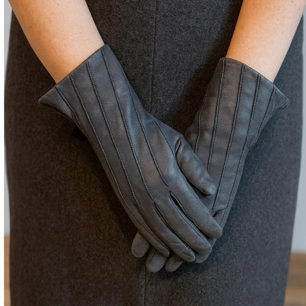 Paolo Vico Vintage Genuine Leather Gloves Women's Size L Gray Lined Dress Gloves